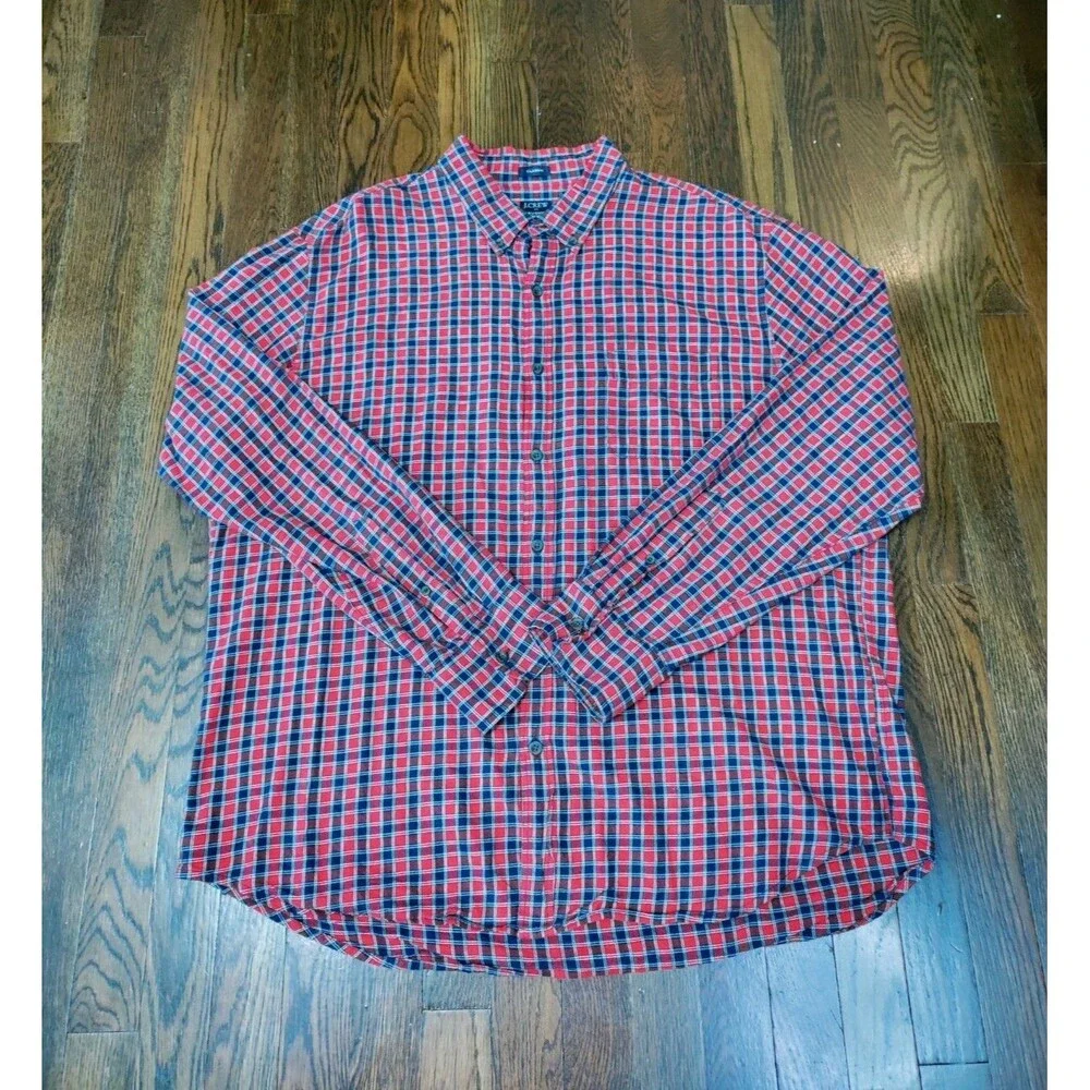 J. Crew Brushed Twill Flannel Mens 2XL Red Blue White Plaid American Classic EUC